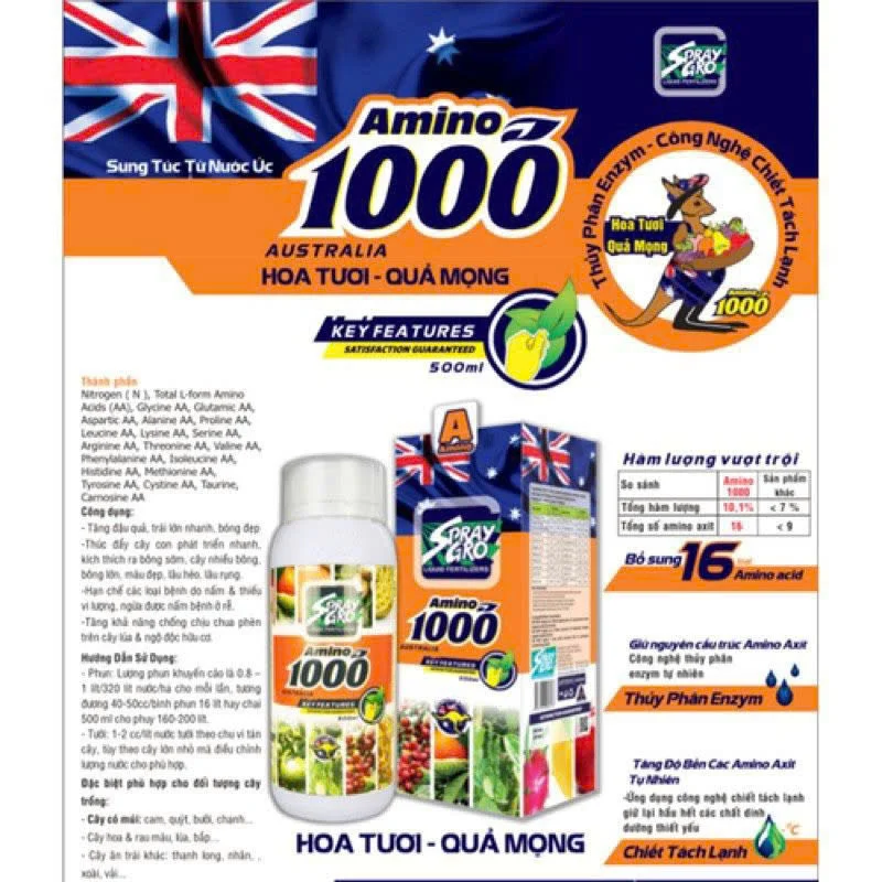 Amino 1000 Cao Cấp, Hoa Tươi, Quả Mỏng, Nhập Khẩu Từ Úc, Chai 500ml Pha 400L