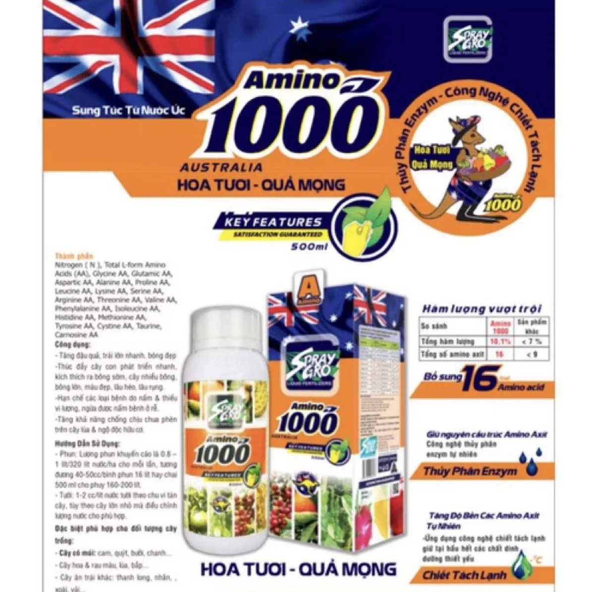 Amino 1000 Cao Cấp, Hoa Tươi, Quả Mỏng, Nhập Khẩu Từ Úc, Chai 500ml Pha 400L