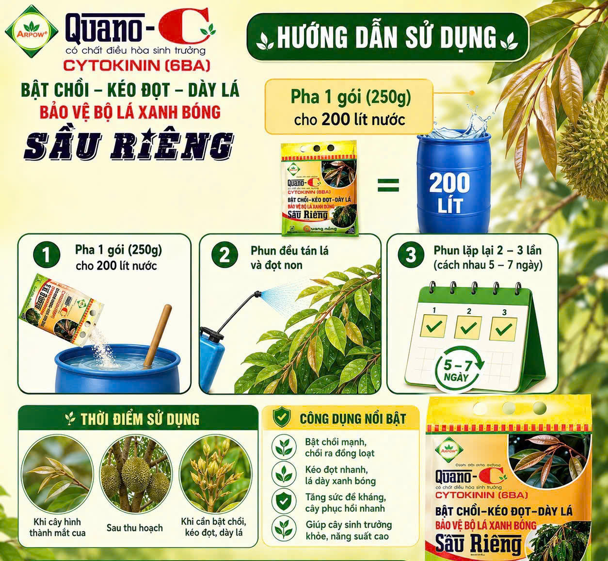 Quano-C Cytokinin (6BA) 250g - Bật Chồi, Kéo Đọt, Dày Lá, Xanh Bóng Lá Sầu Riêng, Phục Hồi Cây - Ảnh 4
