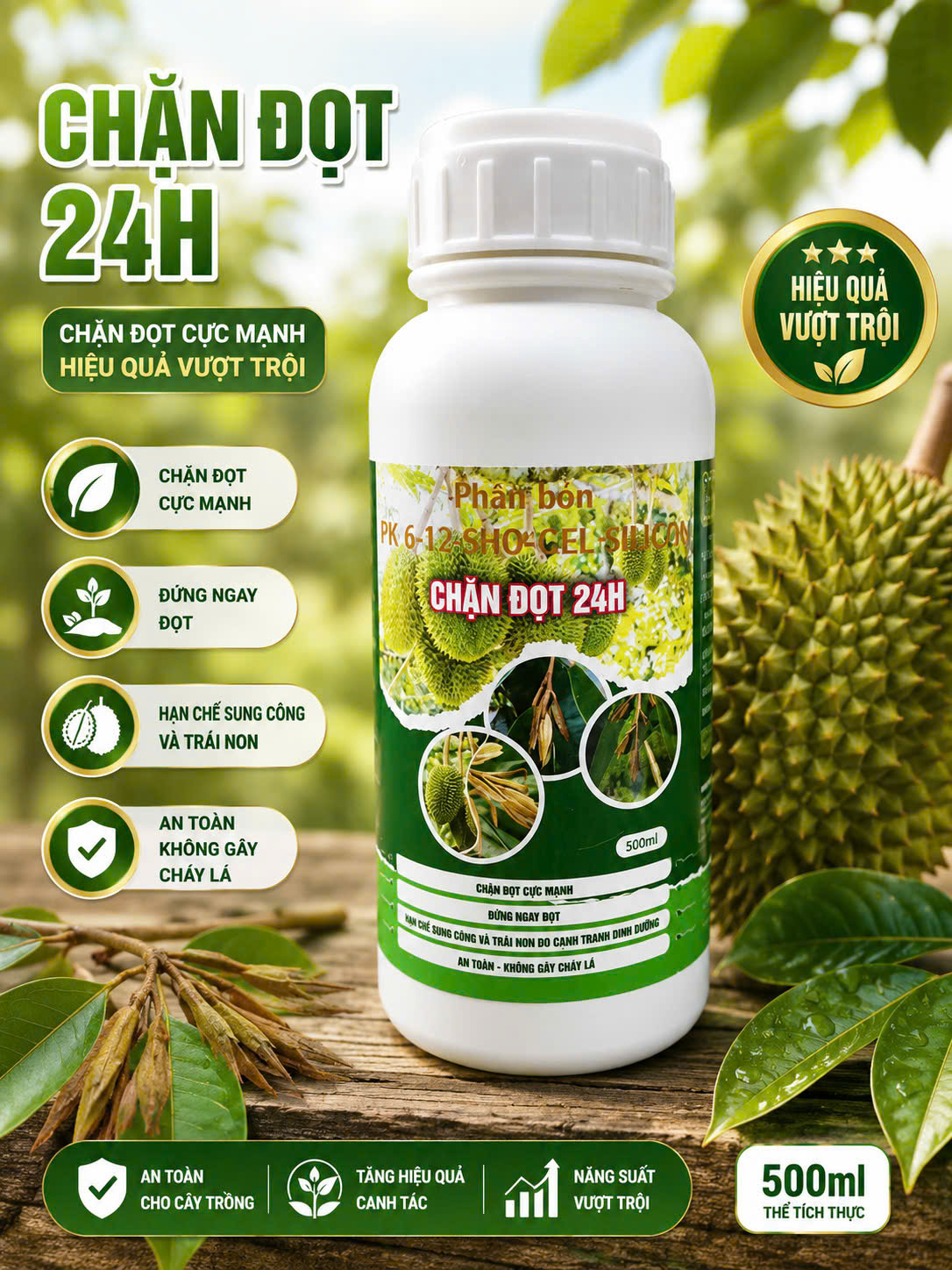 Chặn Đọt 24H 500ml - Chặn Đọt Sầu Riêng, Già Lá Nhanh, Hạn Chế Sung Cơi, Hỗ Trợ Ra Hoa Đồng Loạt