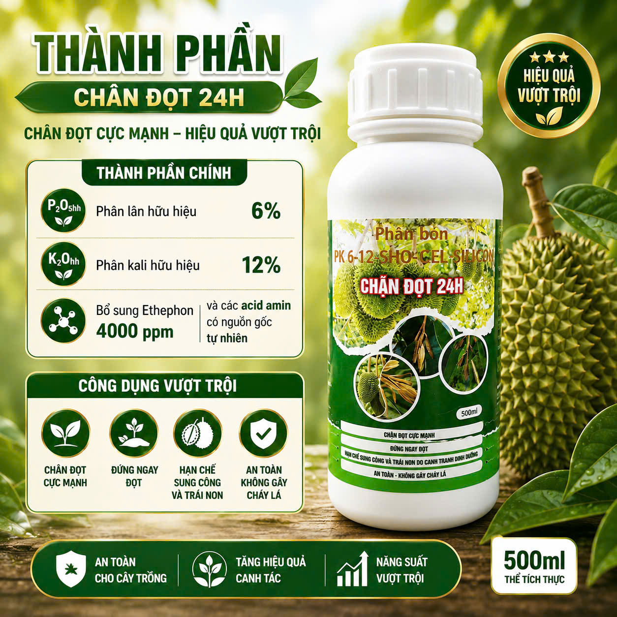 Chặn Đọt 24H 500ml - Chặn Đọt Sầu Riêng, Già Lá Nhanh, Hạn Chế Sung Cơi, Hỗ Trợ Ra Hoa Đồng Loạt - Ảnh 4