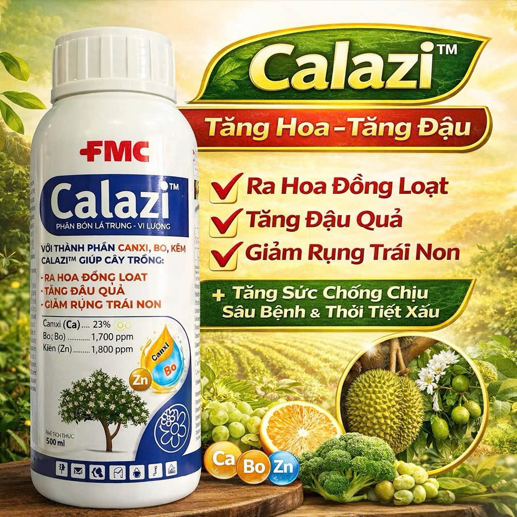 Phân bón lá Calazi FMC bổ sung Canxi – Bo – Kẽm giúp cây ra hoa đồng loạt, tăng đậu trái, hạn chế rụng trái non